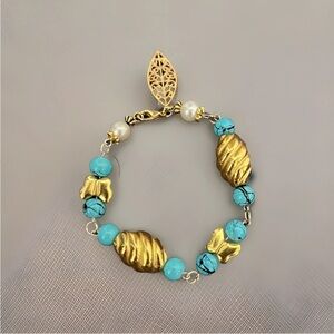 Handcrafted Beaded Bracelet Turquoise Color Gold And Silver Tone With Leaf Charm